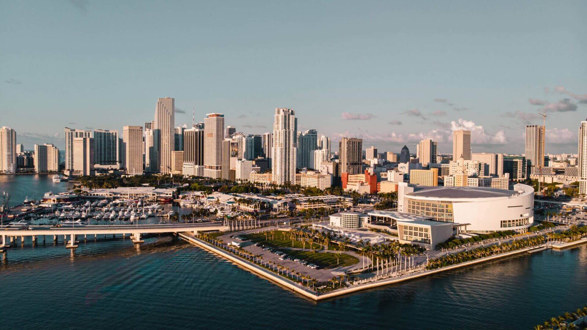 Aerial view of Miami skyline and stadium.